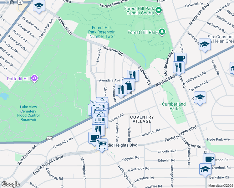 map of restaurants, bars, coffee shops, grocery stores, and more near 1668 Eddington Road in Cleveland Heights