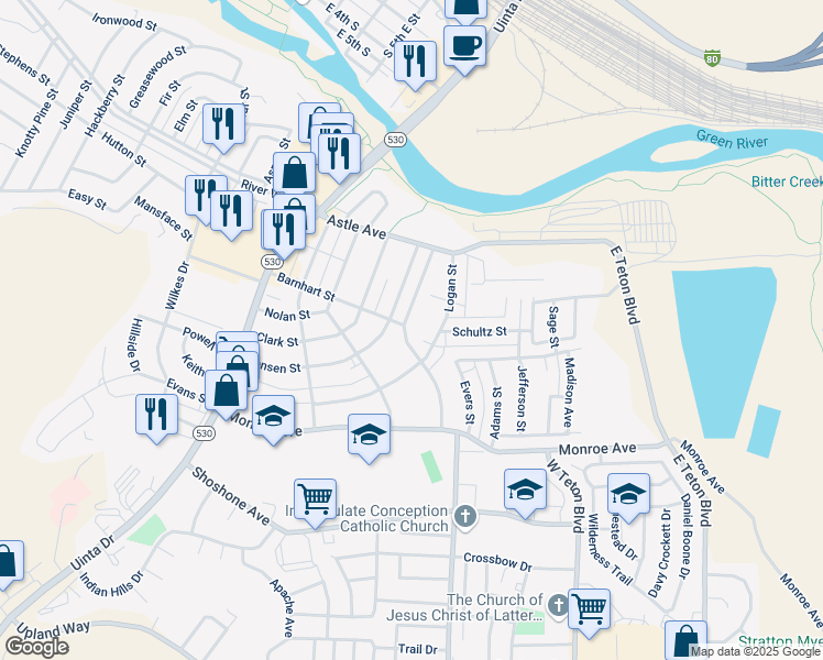map of restaurants, bars, coffee shops, grocery stores, and more near 411 Barnhart Street in Green River
