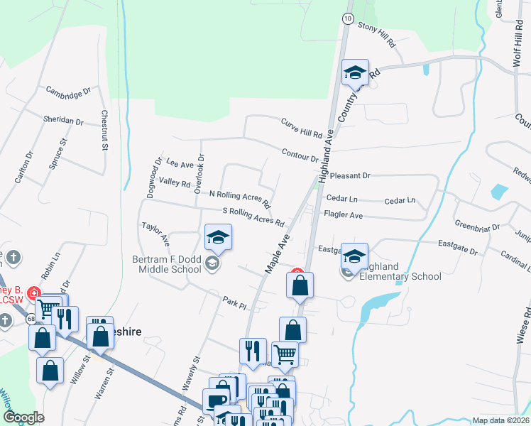 map of restaurants, bars, coffee shops, grocery stores, and more near 89 North Rolling Acres Road in Cheshire