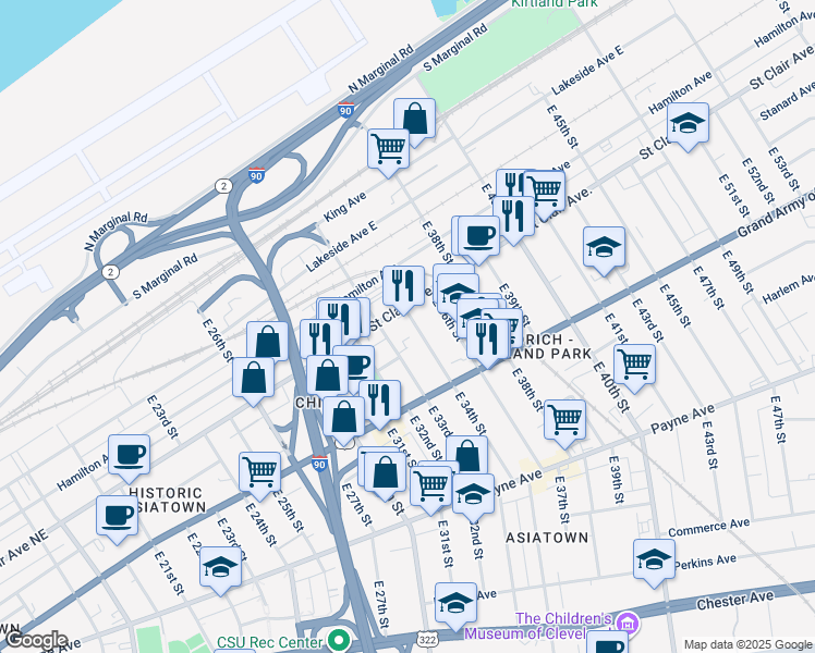 map of restaurants, bars, coffee shops, grocery stores, and more near 3328 Saint Clair Avenue Northeast in Cleveland
