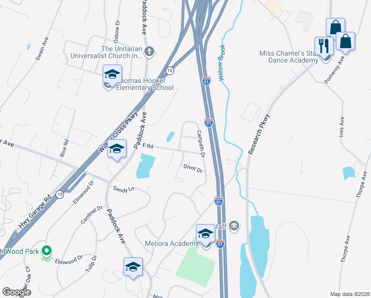 map of restaurants, bars, coffee shops, grocery stores, and more near 108 East Road in Meriden