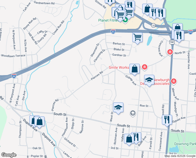 map of restaurants, bars, coffee shops, grocery stores, and more near 30 Pierces Road in Newburgh
