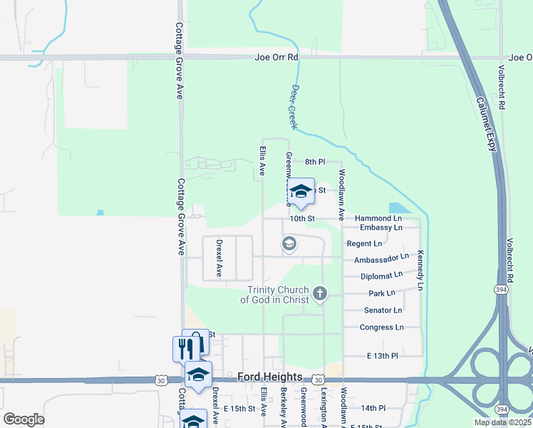 map of restaurants, bars, coffee shops, grocery stores, and more near 1003 10th Street in Ford Heights