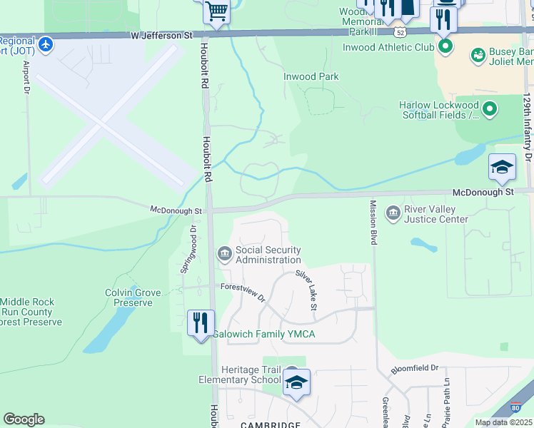 map of restaurants, bars, coffee shops, grocery stores, and more near 3409 Silver Falls Court in Joliet