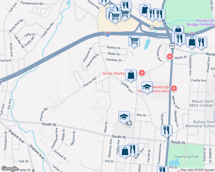 map of restaurants, bars, coffee shops, grocery stores, and more near 327 West Street in Newburgh