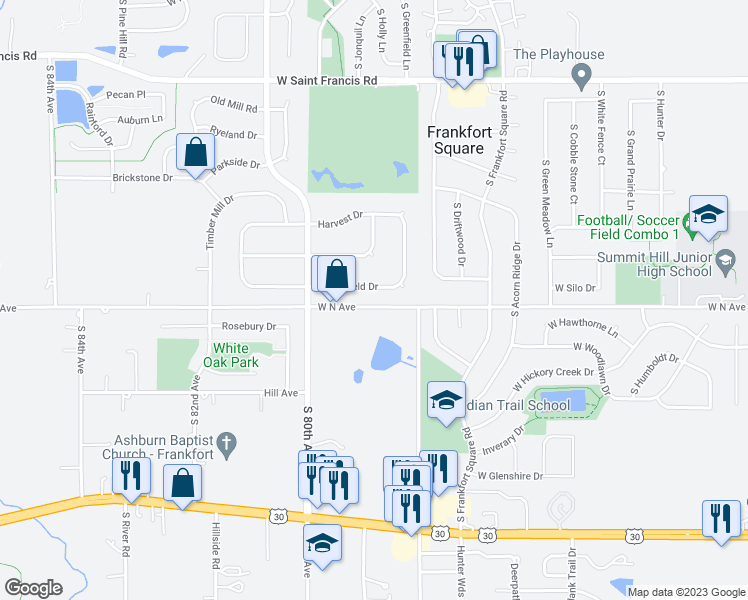 map of restaurants, bars, coffee shops, grocery stores, and more near 1551 West North Avenue in Frankfort