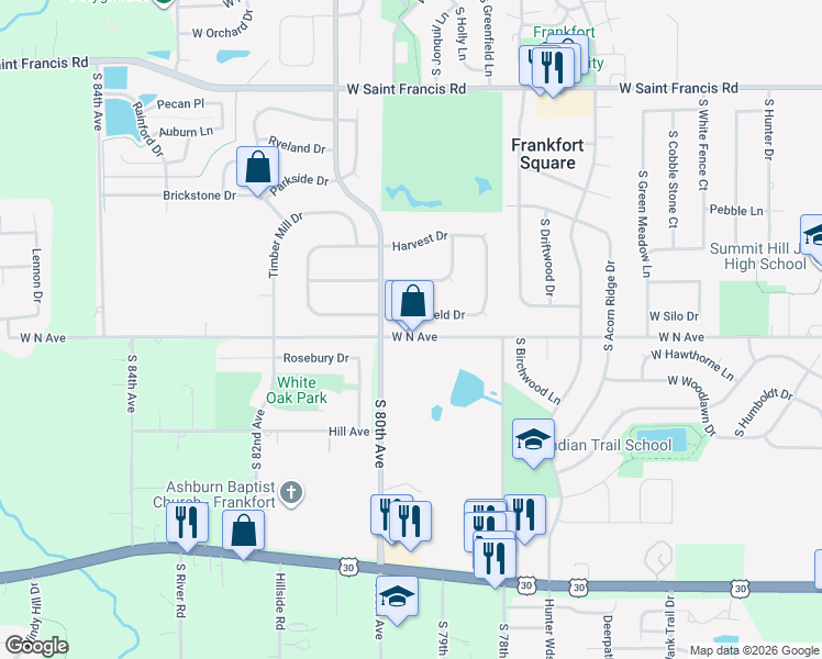 map of restaurants, bars, coffee shops, grocery stores, and more near 2345 West North Avenue in Frankfort