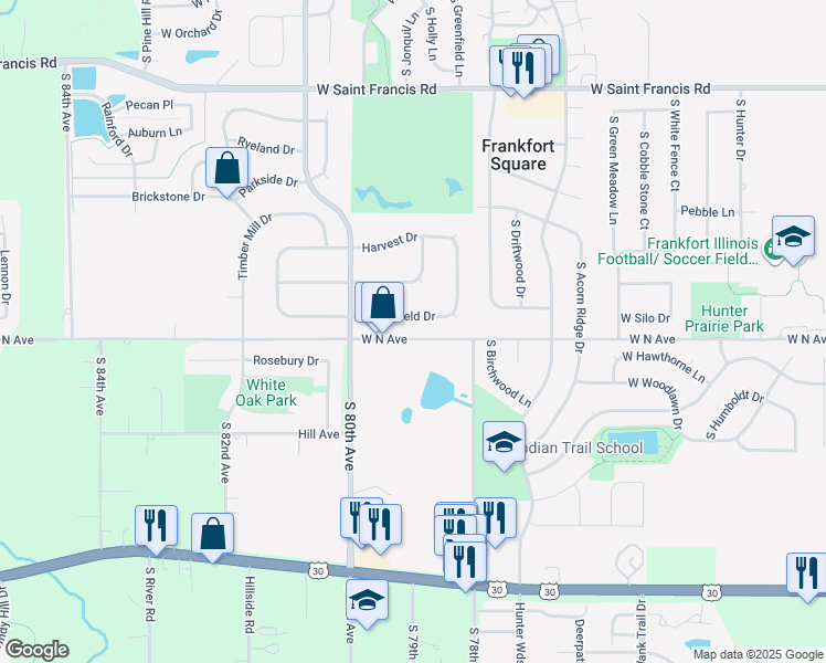 map of restaurants, bars, coffee shops, grocery stores, and more near 1745 West North Avenue in Frankfort