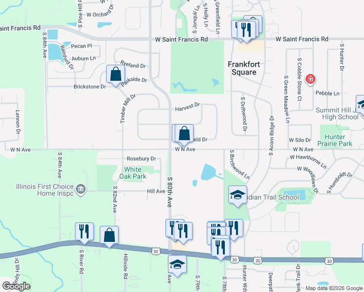 map of restaurants, bars, coffee shops, grocery stores, and more near 2403 West North Avenue in Frankfort