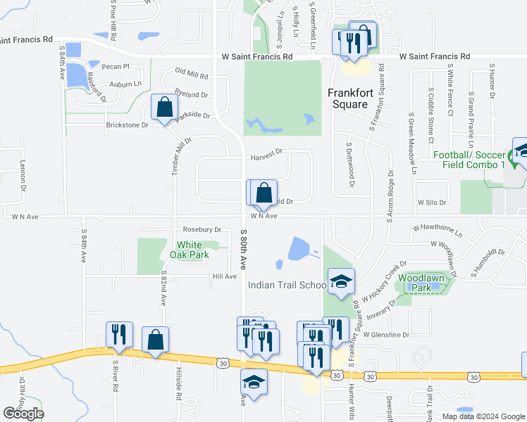 map of restaurants, bars, coffee shops, grocery stores, and more near 2341 West North Avenue in Frankfort