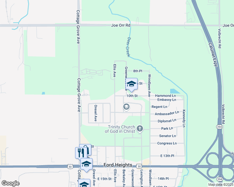 map of restaurants, bars, coffee shops, grocery stores, and more near 1003 10th Street in Ford Heights