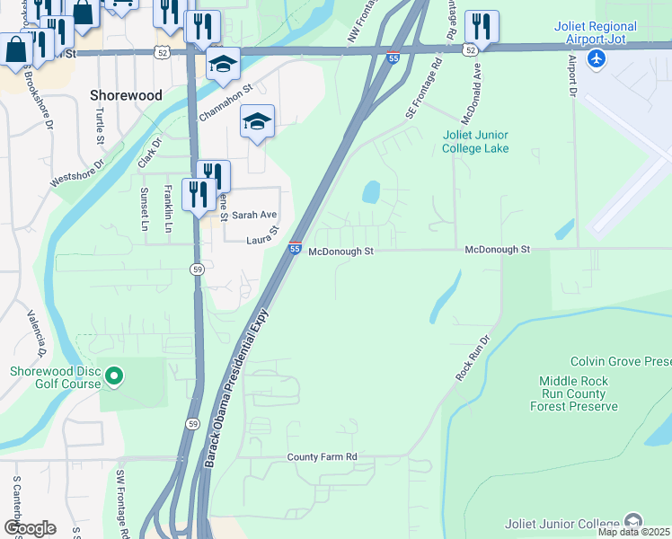 map of restaurants, bars, coffee shops, grocery stores, and more near McDonough St in Joliet