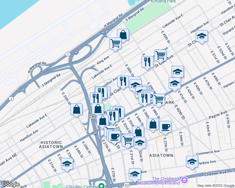 map of restaurants, bars, coffee shops, grocery stores, and more near 3328 Saint Clair Avenue Northeast in Cleveland