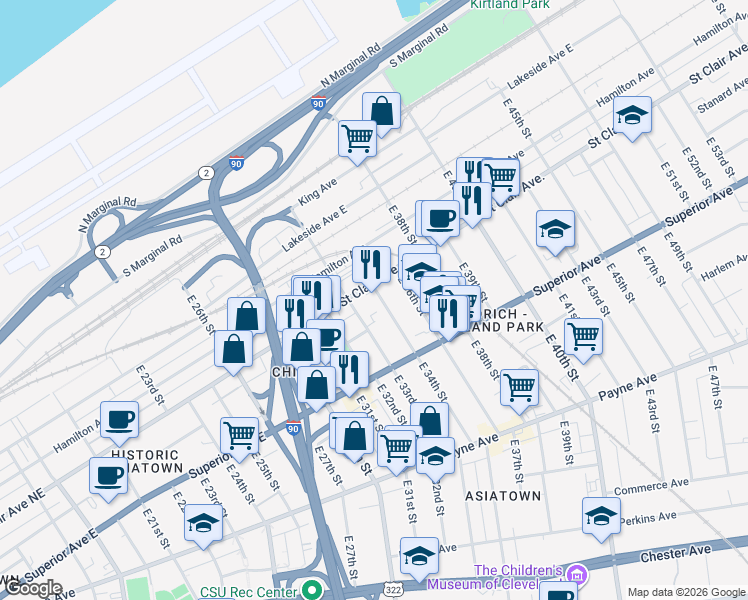 map of restaurants, bars, coffee shops, grocery stores, and more near 3328 Saint Clair Avenue Northeast in Cleveland