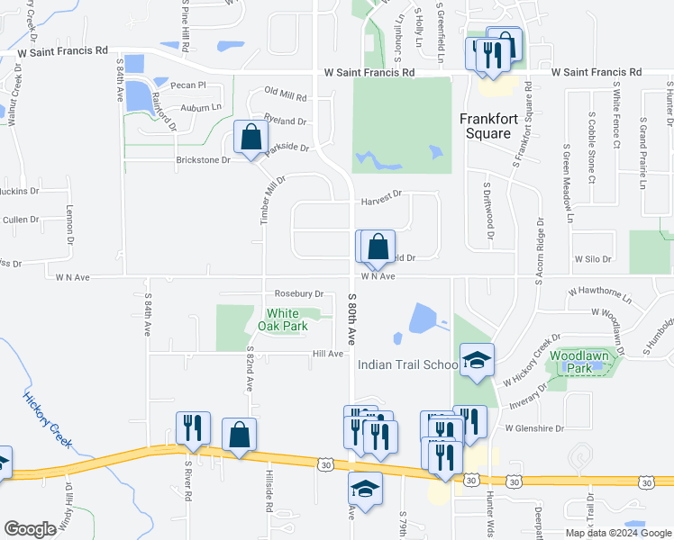 map of restaurants, bars, coffee shops, grocery stores, and more near 3257 West North Avenue in Frankfort