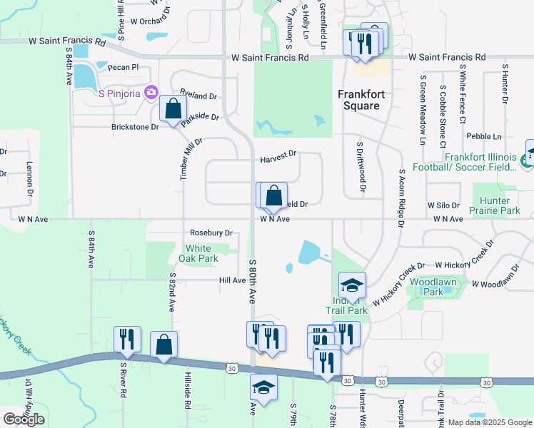 map of restaurants, bars, coffee shops, grocery stores, and more near 2505 West North Avenue in Frankfort