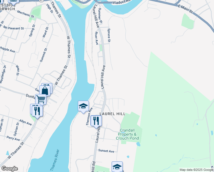 map of restaurants, bars, coffee shops, grocery stores, and more near 25 Rogers Avenue in Norwich