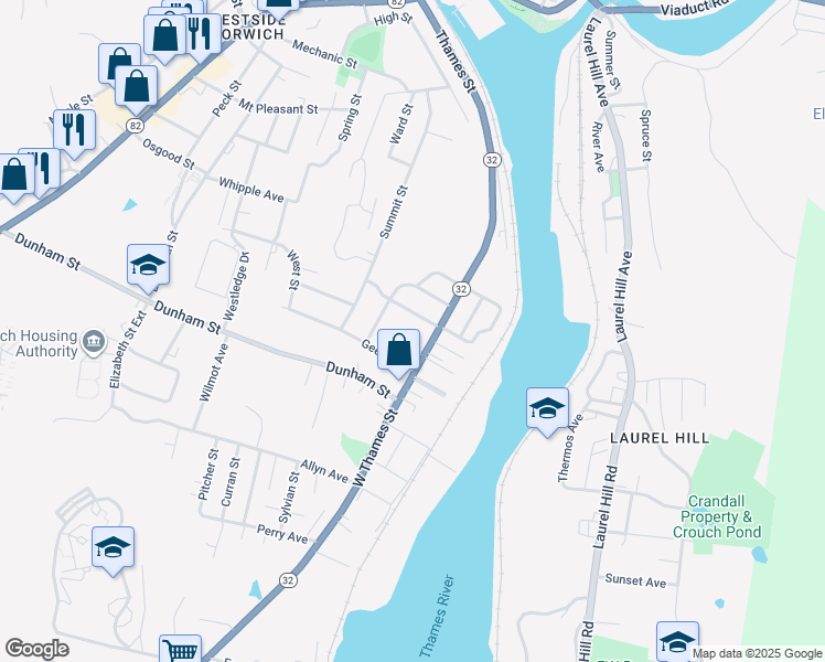 map of restaurants, bars, coffee shops, grocery stores, and more near 155 West Thames Street in Norwich