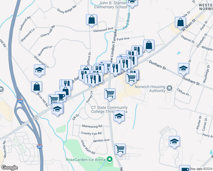 map of restaurants, bars, coffee shops, grocery stores, and more near 509 New London Turnpike in Norwich