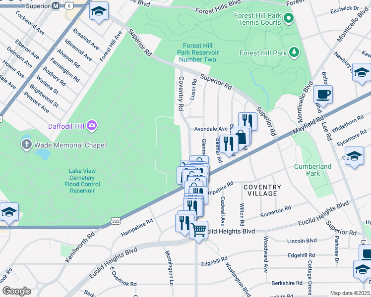 map of restaurants, bars, coffee shops, grocery stores, and more near 1671 Coventry Road in Cleveland Heights