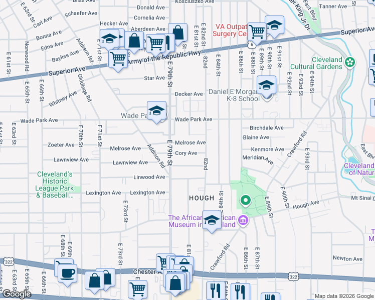 map of restaurants, bars, coffee shops, grocery stores, and more near 8108 Melrose Avenue in Cleveland