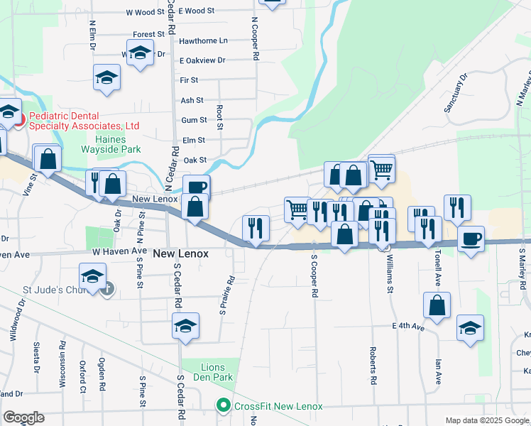 map of restaurants, bars, coffee shops, grocery stores, and more near 300 N Church Street in New Lenox