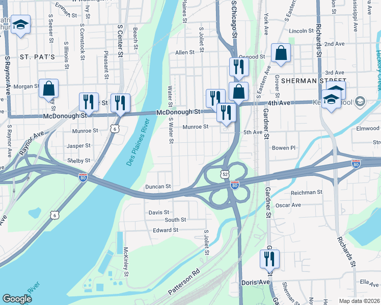 map of restaurants, bars, coffee shops, grocery stores, and more near 507 South Joliet Street in Joliet