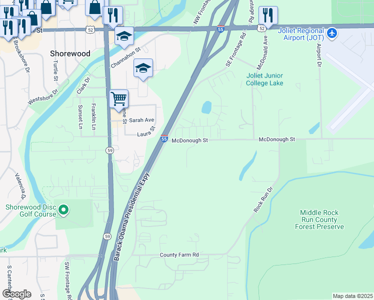 map of restaurants, bars, coffee shops, grocery stores, and more near McDonough St in Joliet