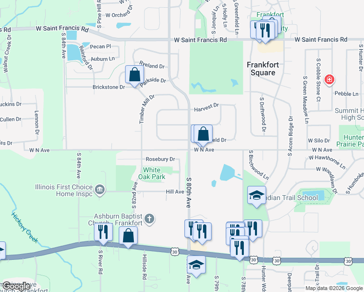 map of restaurants, bars, coffee shops, grocery stores, and more near 3201 West North Avenue in Frankfort