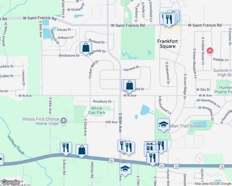 map of restaurants, bars, coffee shops, grocery stores, and more near 3205 West North Avenue in Frankfort