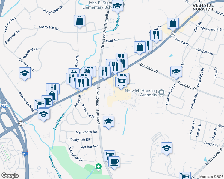 map of restaurants, bars, coffee shops, grocery stores, and more near 85 Norman Road in Norwich