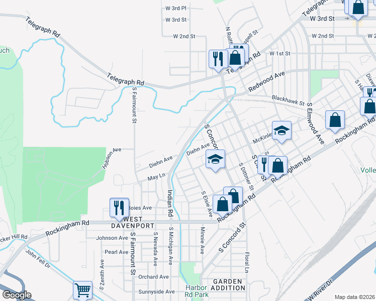 map of restaurants, bars, coffee shops, grocery stores, and more near 3160 Diehn Avenue in Davenport
