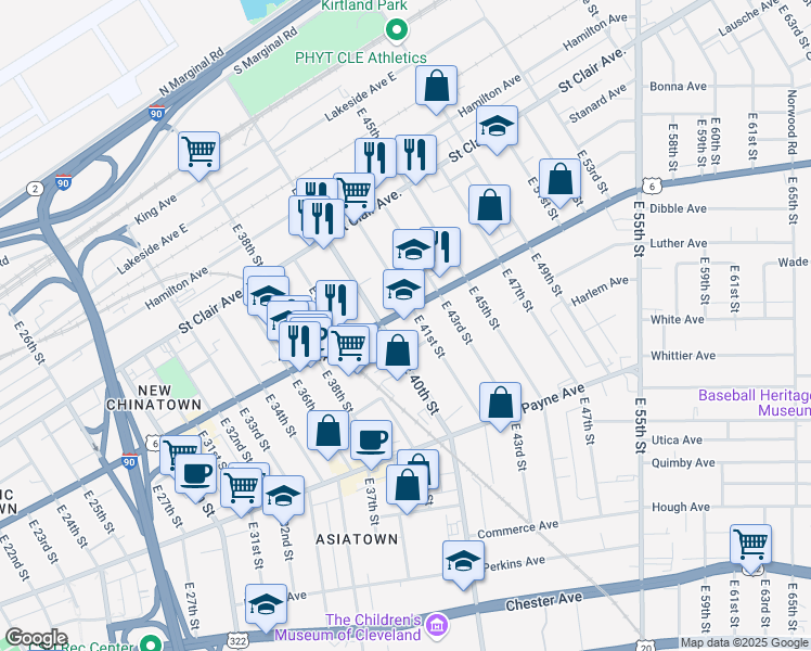 map of restaurants, bars, coffee shops, grocery stores, and more near 4050 Superior Ave in Cleveland