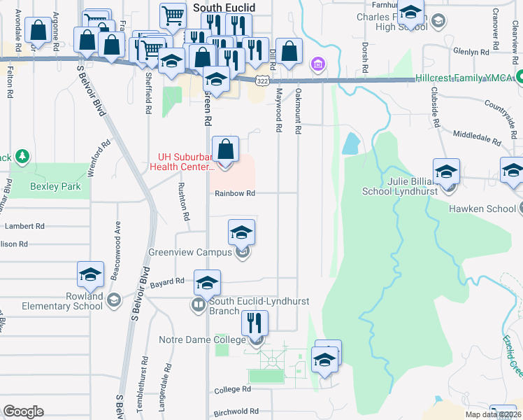 map of restaurants, bars, coffee shops, grocery stores, and more near 4545 Shirley Dr in South Euclid