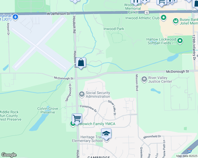 map of restaurants, bars, coffee shops, grocery stores, and more near 3409 Silver Falls Court in Joliet