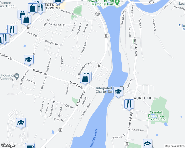 map of restaurants, bars, coffee shops, grocery stores, and more near 155 West Thames Street in Norwich