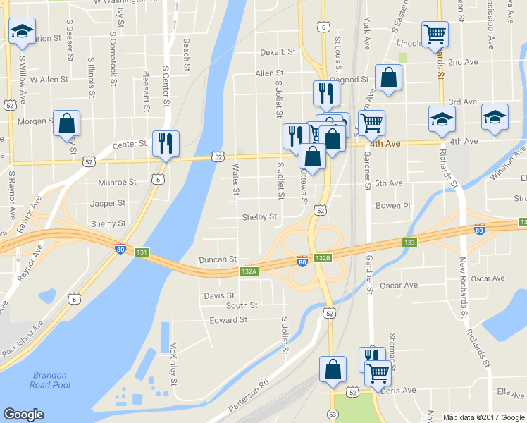 map of restaurants, bars, coffee shops, grocery stores, and more near 508 South Des Plaines Street in Joliet
