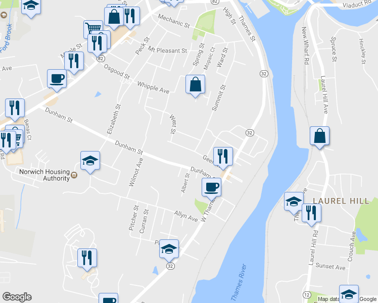 map of restaurants, bars, coffee shops, grocery stores, and more near 82 Geer Avenue in Norwich