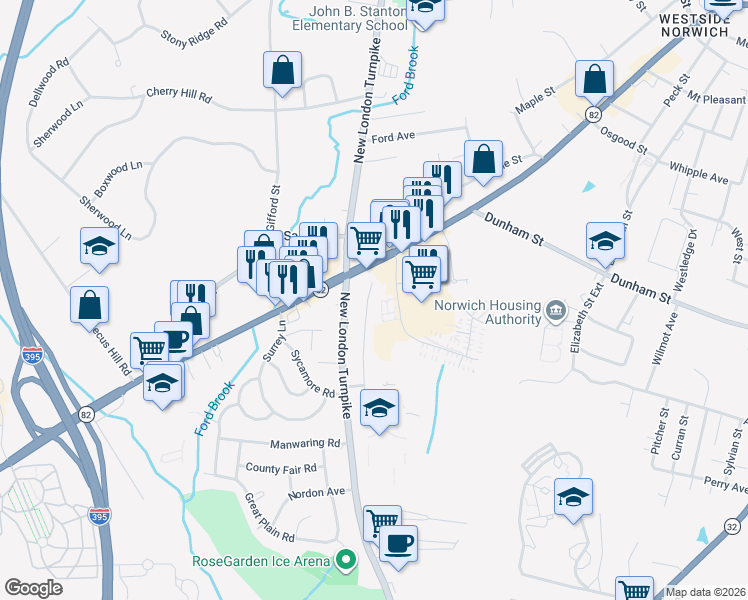 map of restaurants, bars, coffee shops, grocery stores, and more near 10 Jones Court in Norwich