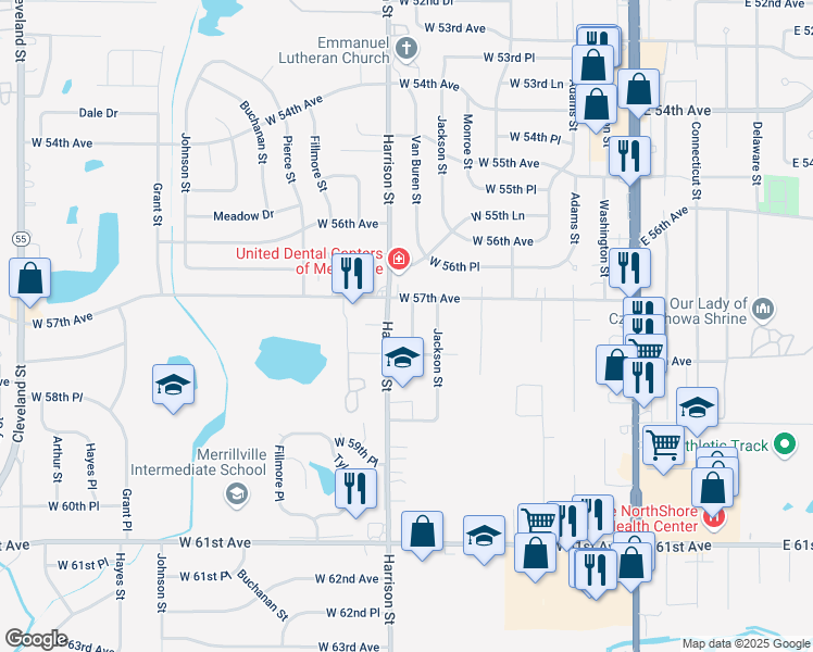 map of restaurants, bars, coffee shops, grocery stores, and more near 5732 Van Buren Street in Merrillville