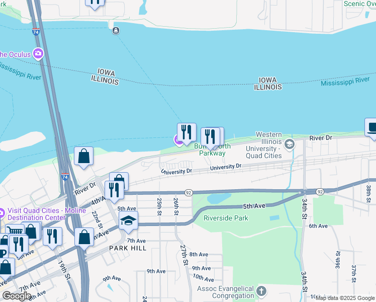 map of restaurants, bars, coffee shops, grocery stores, and more near River Drive in Moline