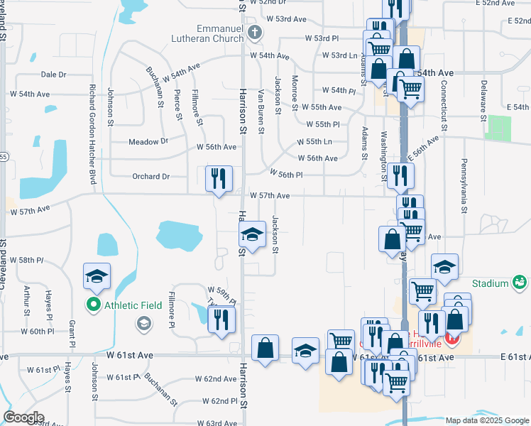 map of restaurants, bars, coffee shops, grocery stores, and more near 5732 Van Buren Street in Merrillville