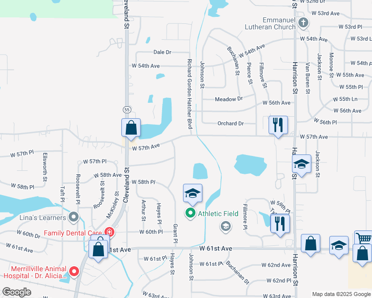 map of restaurants, bars, coffee shops, grocery stores, and more near 5790 Grant Street in Merrillville