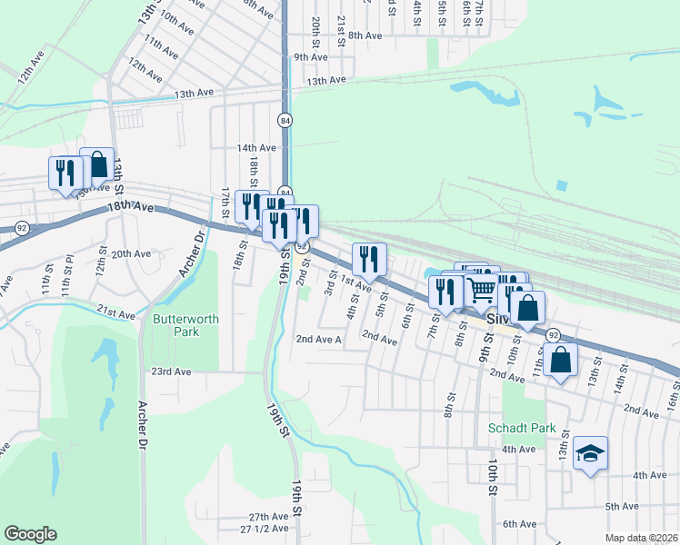 map of restaurants, bars, coffee shops, grocery stores, and more near 121 3rd Street in Silvis