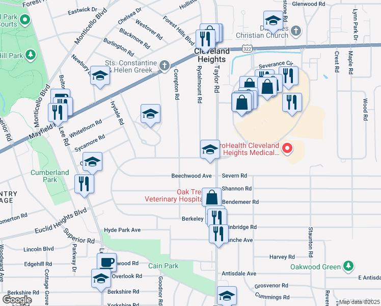 map of restaurants, bars, coffee shops, grocery stores, and more near 3399 Euclid Heights Boulevard in Cleveland Heights