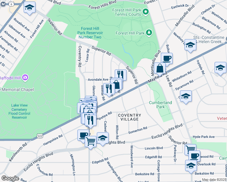 map of restaurants, bars, coffee shops, grocery stores, and more near 1666 Hillcrest Road in Cleveland Heights