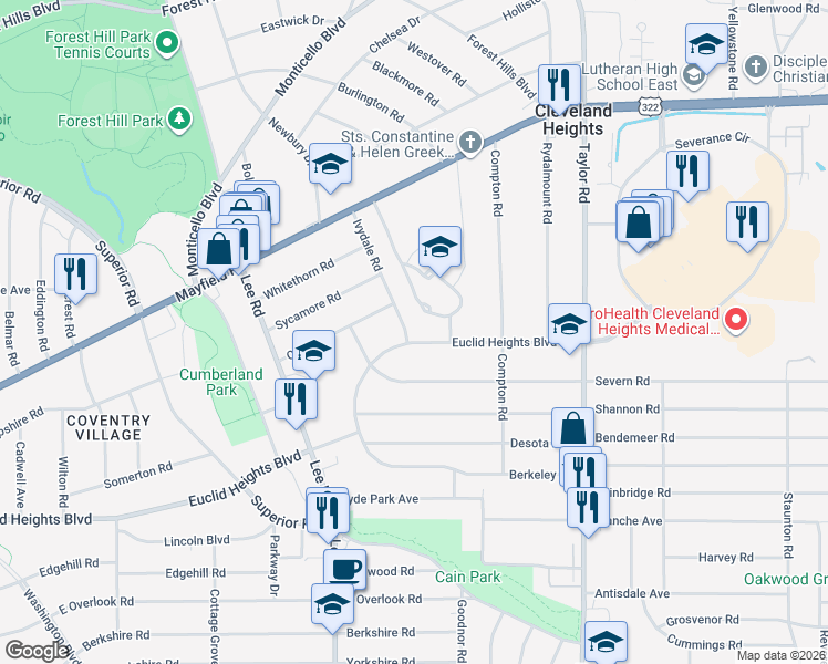 map of restaurants, bars, coffee shops, grocery stores, and more near 3281 Euclid Heights Boulevard in Cleveland Heights