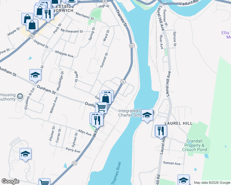 map of restaurants, bars, coffee shops, grocery stores, and more near 48 Spring Garden Avenue in Norwich