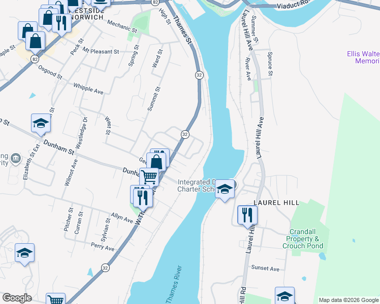 map of restaurants, bars, coffee shops, grocery stores, and more near 29 Kinney Avenue in Norwich