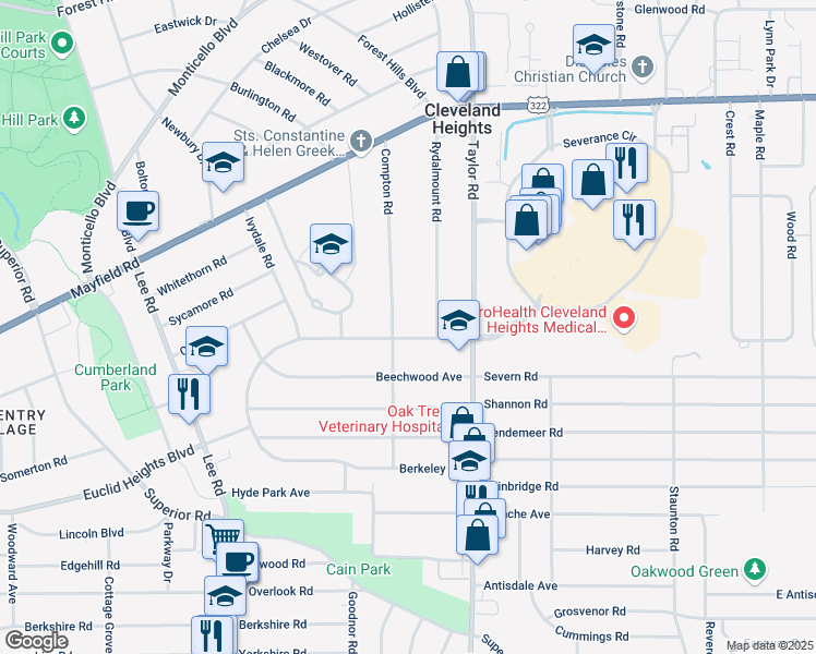 map of restaurants, bars, coffee shops, grocery stores, and more near 3399 Euclid Heights Boulevard in Cleveland Heights